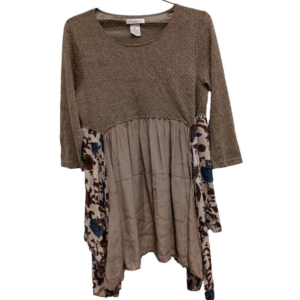 Paisley Vine  Cottagecore BOHO Tunic Top Medium Brown Asymmetric Floral‎ Casual